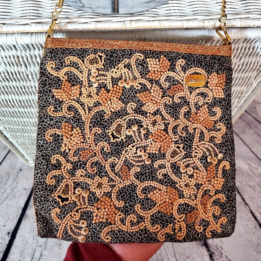 Christiana Beaded Evening Bag Purse Red Orange Black Gold Metal Chain Vintage